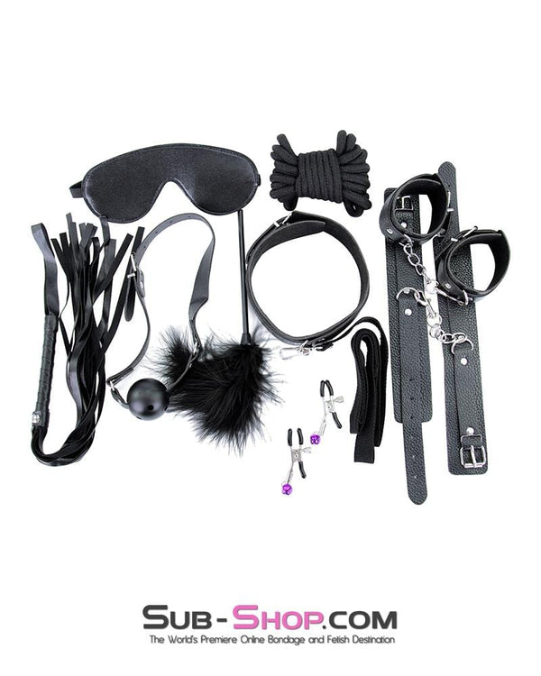 2316M      Black Bondage Fantasy Rope, Cuffs, Collar, Clamps, Blindfold, Gag, Whip, Tickler and Connections Kit – 10 pcs Bondage Set   , Sub-Shop.com Bondage and Fetish Superstore