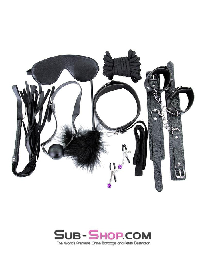 2316M      Black Bondage Fantasy Rope, Cuffs, Collar, Clamps, Blindfold, Gag, Whip, Tickler and Connections Kit – 10 pcs Bondage Set   , Sub-Shop.com Bondage and Fetish Superstore
