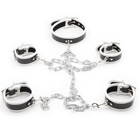 2375MQ      White Trimmed Black 6 Pc. Cuffs, Collar and Chains Bondage Slave Starter Set - MEGA Deal MEGA Deal   , Sub-Shop.com Bondage and Fetish Superstore