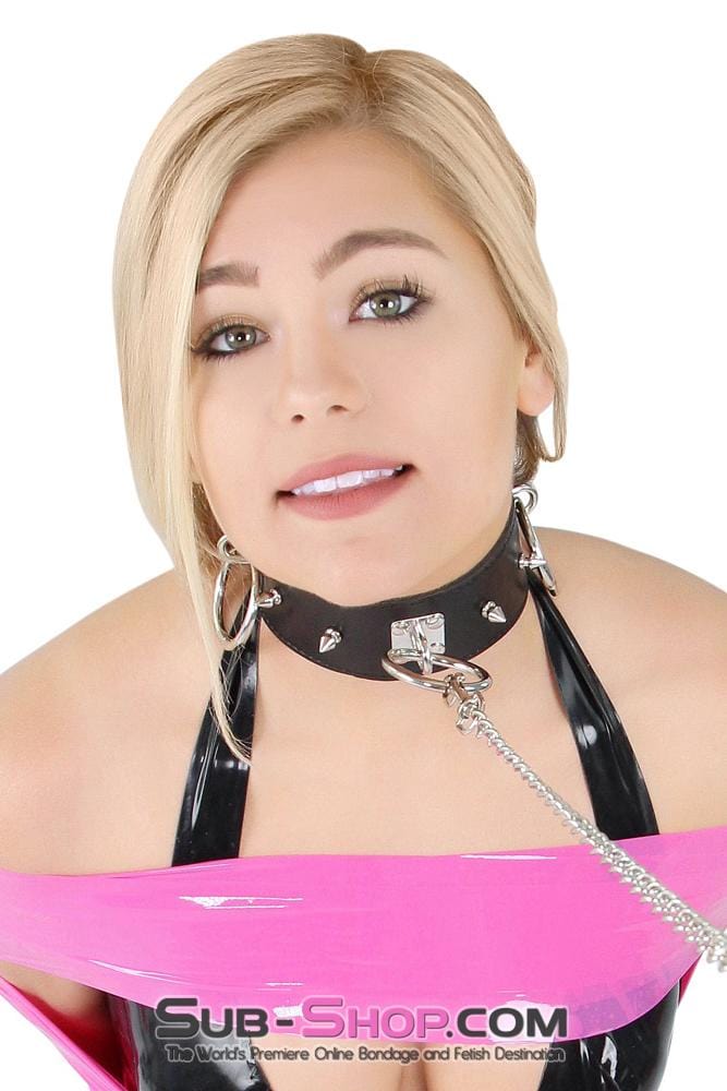 0238DL      Locking Studded 3 Ring Slave Collar with Leash Combo Collar   , Sub-Shop.com Bondage and Fetish Superstore