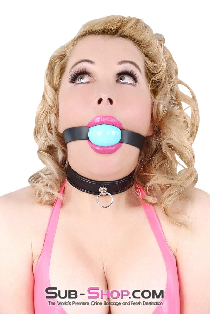 0596A      Classic Black Leather Ball Gag Strap, Diamond Blue Ball Ballgag   , Sub-Shop.com Bondage and Fetish Superstore