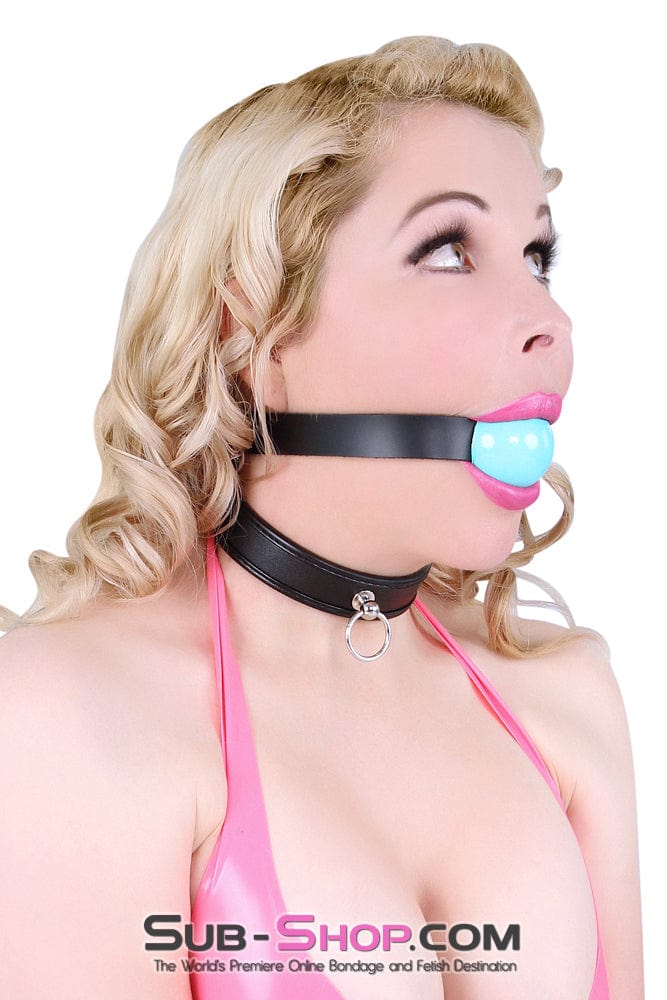 0596A      Classic Black Leather Ball Gag Strap, Diamond Blue Ball Ballgag   , Sub-Shop.com Bondage and Fetish Superstore