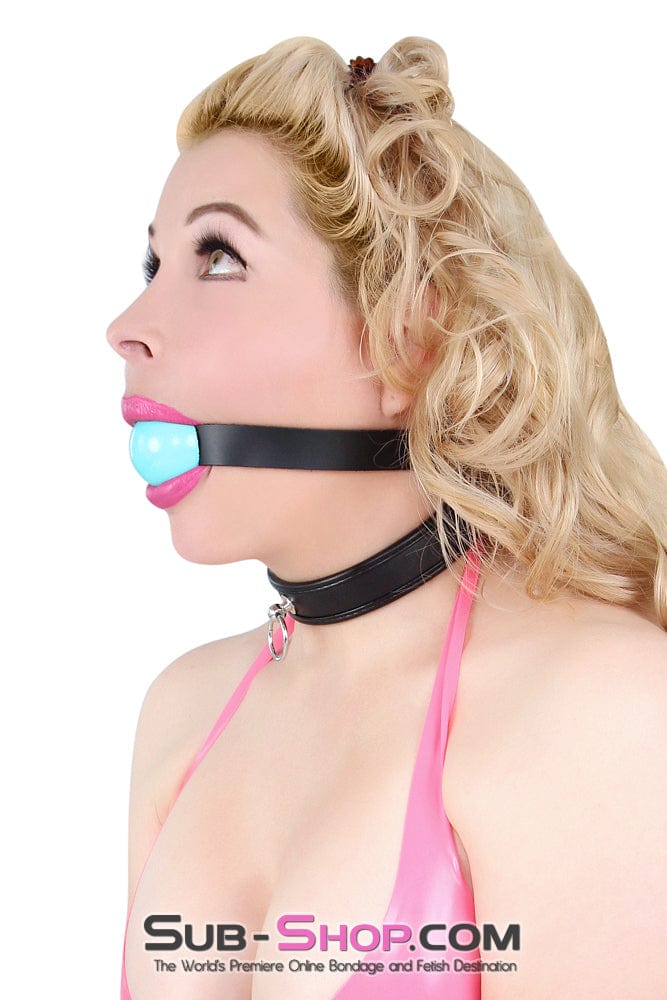 0596A      Classic Black Leather Ball Gag Strap, Diamond Blue Ball Ballgag   , Sub-Shop.com Bondage and Fetish Superstore