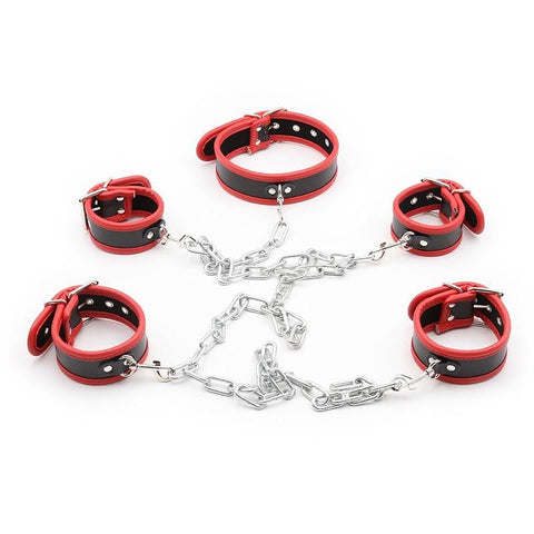 2415MQ      Red Trimmed Black 6 Pc. Cuffs, Collar and Chains Bondage Slave Starter Set - LAST CHANCE - Final Closeout! MEGA Deal   , Sub-Shop.com Bondage and Fetish Superstore