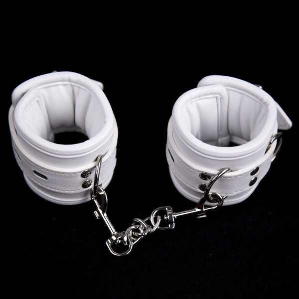2465MQ-SIS     Sissy Servant Padded Locking White Bondage Wrist Cuffs with Connection Chain Sissy   , Sub-Shop.com Bondage and Fetish Superstore