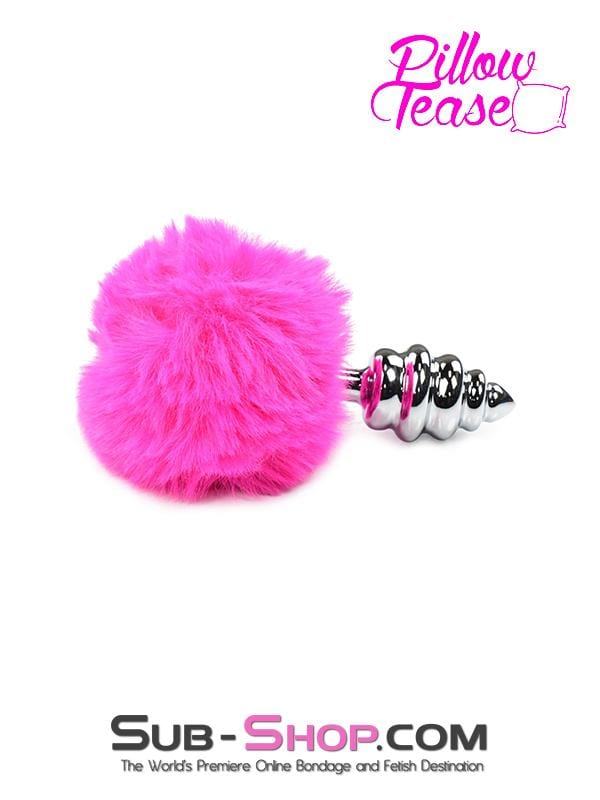 2478M      Pink Powder Puff Tail with Ribbed Chrome Anal Plug Anal Toys   , Sub-Shop.com Bondage and Fetish Superstore