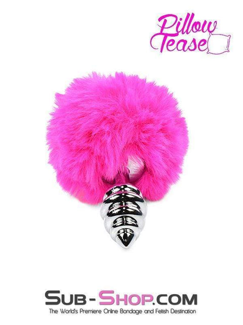 2478M-SIS      Sissy Pink Powder Puff Tail with Ribbed Chrome Anal Plug Sissy   , Sub-Shop.com Bondage and Fetish Superstore