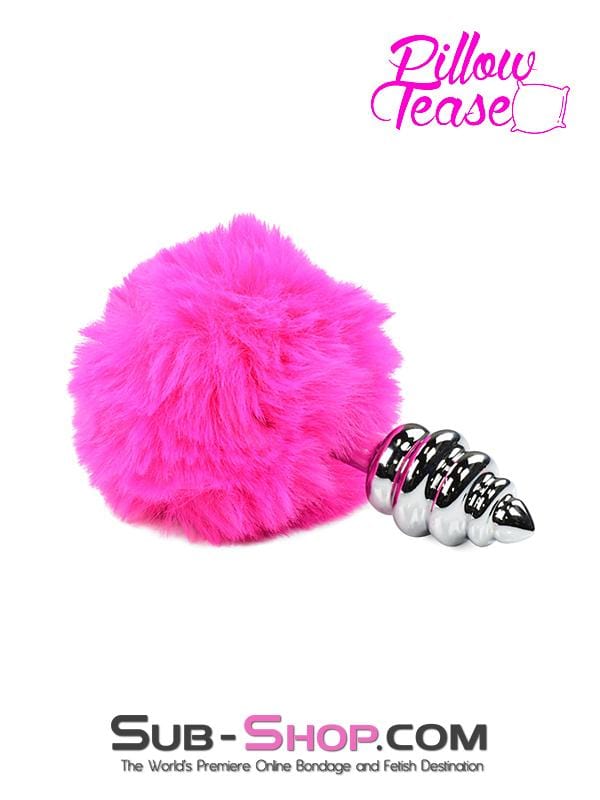 2478M      Pink Powder Puff Tail with Ribbed Chrome Anal Plug Anal Toys   , Sub-Shop.com Bondage and Fetish Superstore