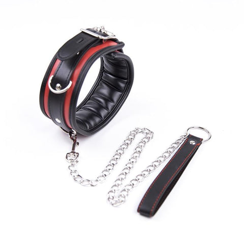 2503MQ      Locking Padded and Lined Black and Red Bondage Collar with Leash Set Collar   , Sub-Shop.com Bondage and Fetish Superstore