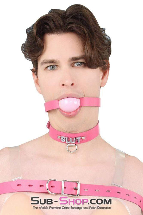 2541A-SIS      Sissy Bitch Hot Pink Classic Leather Ball Gag Strap, Candy Pop Pink Ball Sissy   , Sub-Shop.com Bondage and Fetish Superstore
