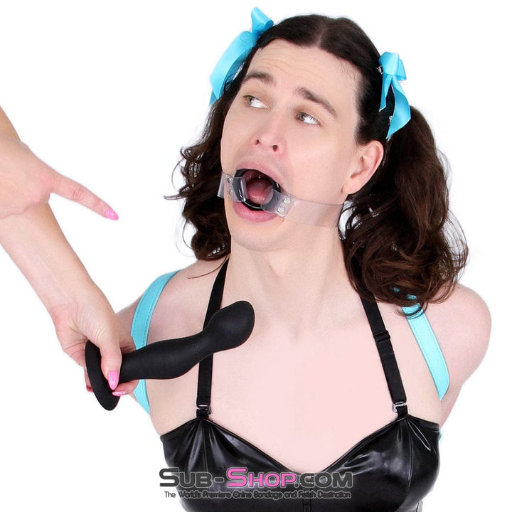 1495A-SIS      Pretty Forced Feminization Sissy Wench Clearly Wide Open Luxe Clear PVC Wide Strap Plastic Ring Gag Sissy   , Sub-Shop.com Bondage and Fetish Superstore