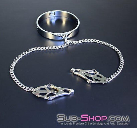 3613HS    Erotic Enslavement Stainless Steel Bondage Collar with Clover Clamps Collar & Clamps   , Sub-Shop.com Bondage and Fetish Superstore