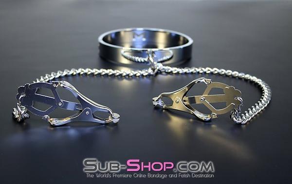 3613HS    Erotic Enslavement Stainless Steel Bondage Collar with Clover Clamps Collar & Clamps   , Sub-Shop.com Bondage and Fetish Superstore