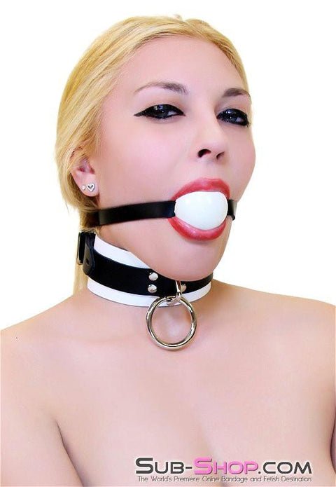 1502A       Thin Strap Buckling Ball Gag, Black Leather Strap, White Ball Gags   , Sub-Shop.com Bondage and Fetish Superstore