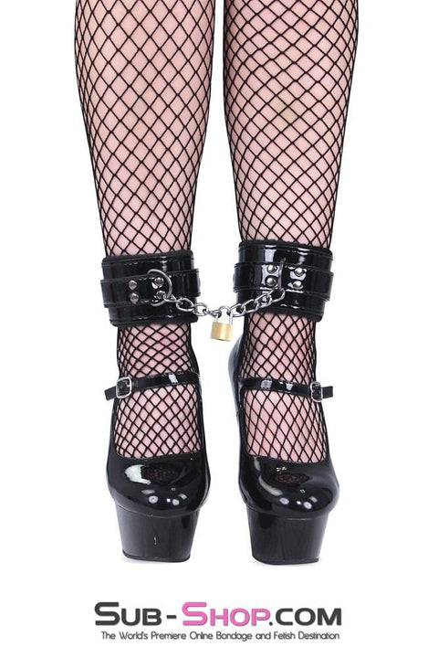 3726MQ      Black Patent Vegan Leather Fur Lined Ankle Cuffs with Attached Chains and Brass Padlock Connection - LAST CHANCE - Final Closeout! MEGA Deal   , Sub-Shop.com Bondage and Fetish Superstore