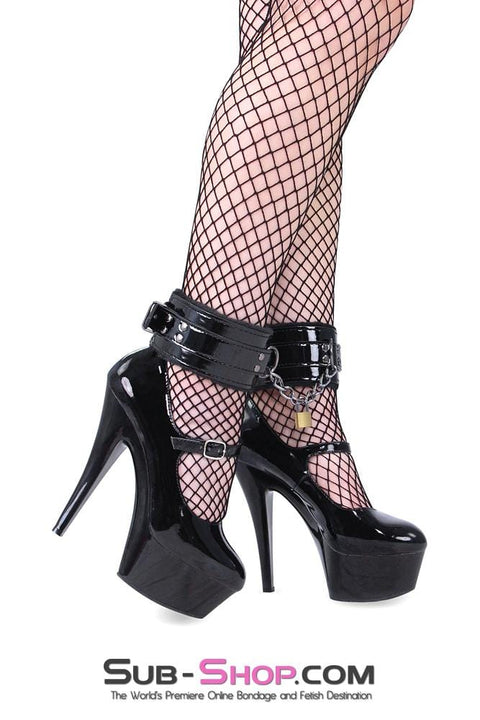 3726MQ      Black Patent Vegan Leather Fur Lined Ankle Cuffs with Attached Chains and Brass Padlock Connection - LAST CHANCE - Final Closeout! MEGA Deal   , Sub-Shop.com Bondage and Fetish Superstore