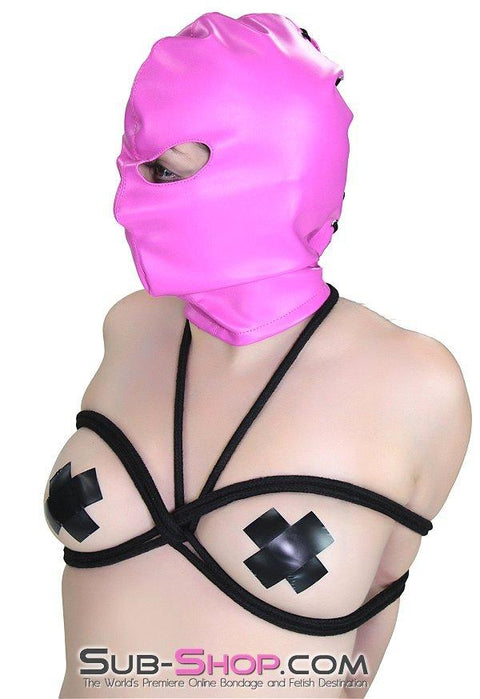 0565RS      Hot Pink Leatherette Open Lacing Back Eyes Bondage Girl Hood Hoods   , Sub-Shop.com Bondage and Fetish Superstore