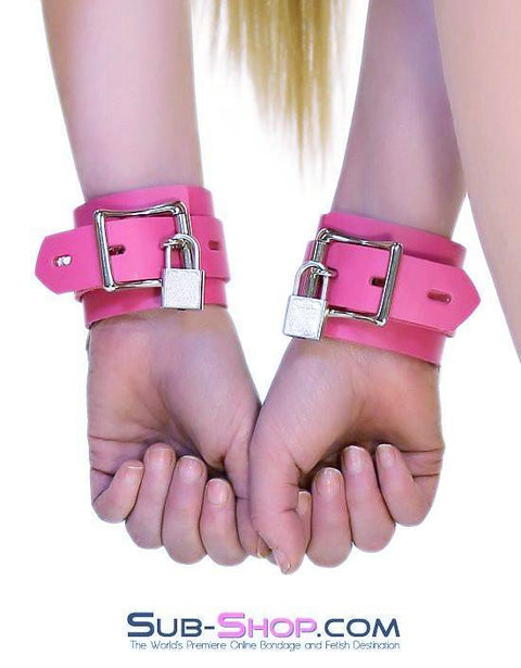 5733A-SIS      Kept Sissy Boy Locking Hot Pink Leather Bondage Wrist Cuffs Sissy   , Sub-Shop.com Bondage and Fetish Superstore