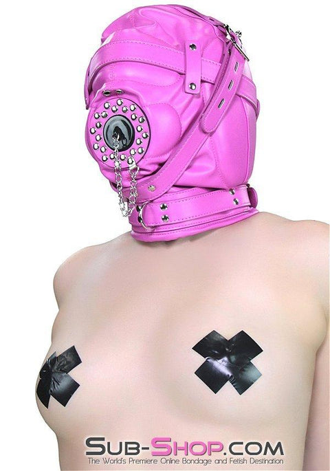 5762RS      Hot Pink Put a Plug In It Locking Hood with Plug Gag Hoods   , Sub-Shop.com Bondage and Fetish Superstore