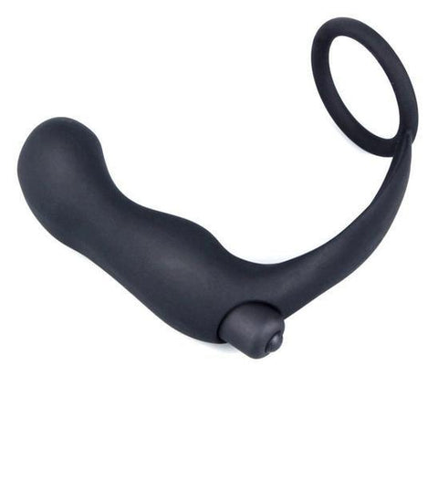 6838M      Vibrating Black Silicone 2 Point Prostate Pleaser with Cock Ring - MEGA Deal Black Friday Blowout   , Sub-Shop.com Bondage and Fetish Superstore