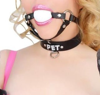 1542A    Quiet Slave Ballgag with Chin Strap, Black Leather with White Ball Gags   , Sub-Shop.com Bondage and Fetish Superstore