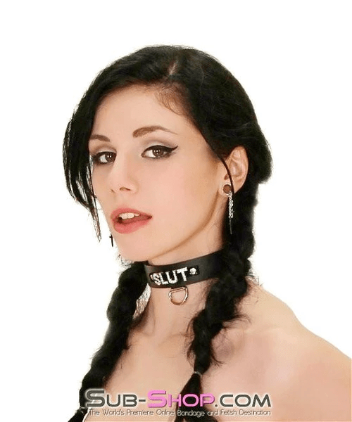 6844A      SLUT Rhinestone Collar, Black Leather Collar   , Sub-Shop.com Bondage and Fetish Superstore