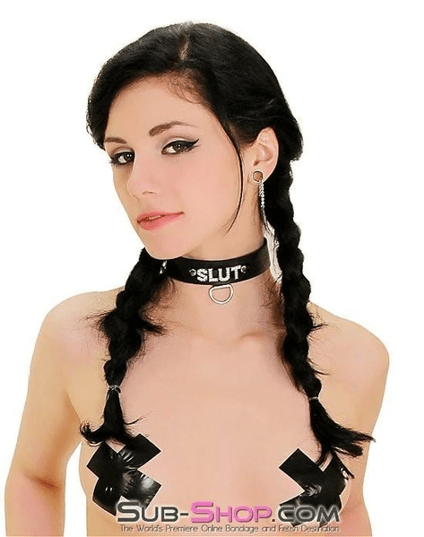 6844A      SLUT Rhinestone Collar, Black Leather Collar   , Sub-Shop.com Bondage and Fetish Superstore