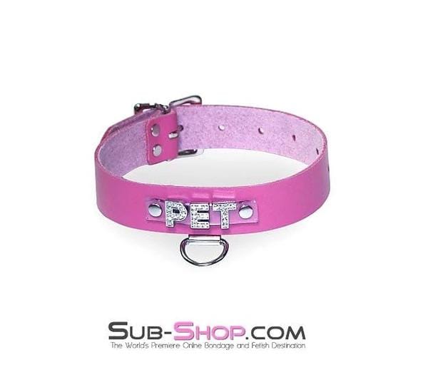 6845A      Hot Pink PET Rhinestone Leather Collar Collar   , Sub-Shop.com Bondage and Fetish Superstore