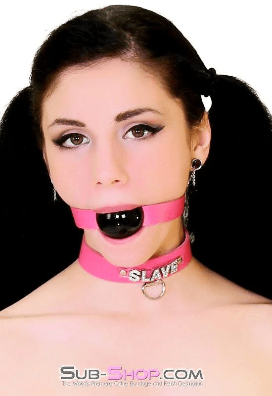 6846A      Hot Pink SLAVE Rhinestone Leather Collar Collar   , Sub-Shop.com Bondage and Fetish Superstore