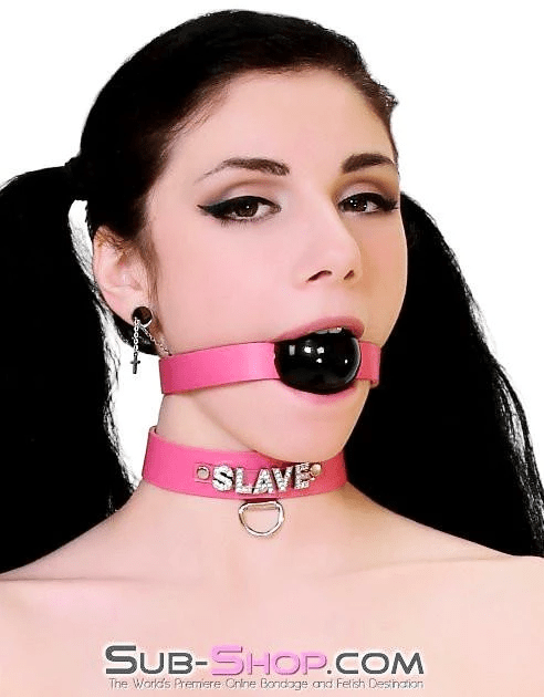 6846A      Hot Pink SLAVE Rhinestone Leather Collar Collar   , Sub-Shop.com Bondage and Fetish Superstore