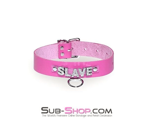 6846A      Hot Pink SLAVE Rhinestone Leather Collar Collar   , Sub-Shop.com Bondage and Fetish Superstore