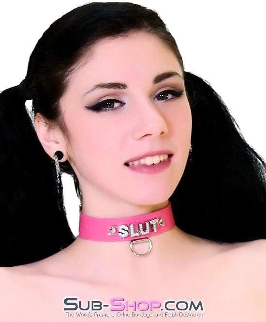 6847A      Hot Pink SLUT Rhinestone Leather Collar Collar   , Sub-Shop.com Bondage and Fetish Superstore