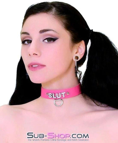 6847A      Hot Pink SLUT Rhinestone Leather Collar Collar   , Sub-Shop.com Bondage and Fetish Superstore