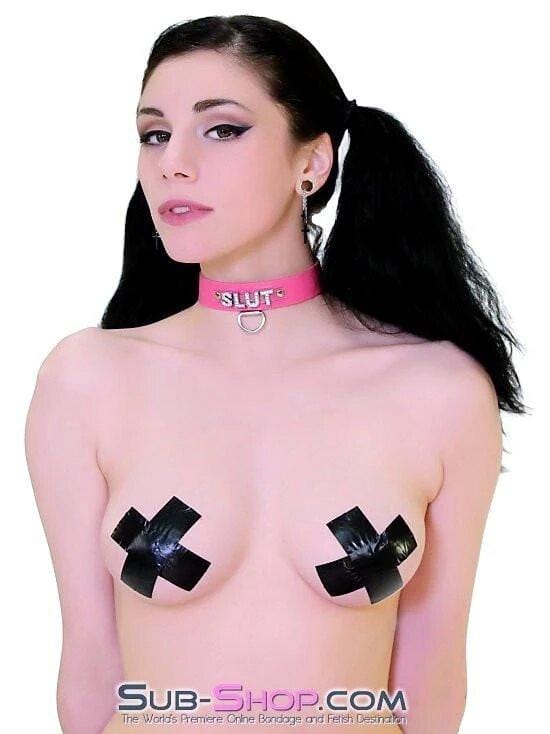 6847A      Hot Pink SLUT Rhinestone Leather Collar Collar   , Sub-Shop.com Bondage and Fetish Superstore
