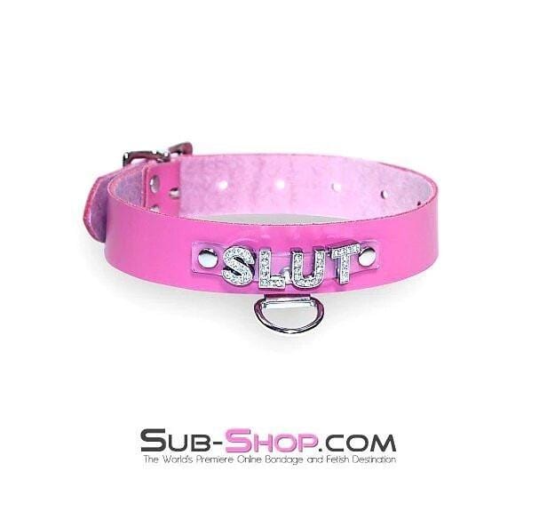 6847A      Hot Pink SLUT Rhinestone Leather Collar Collar   , Sub-Shop.com Bondage and Fetish Superstore
