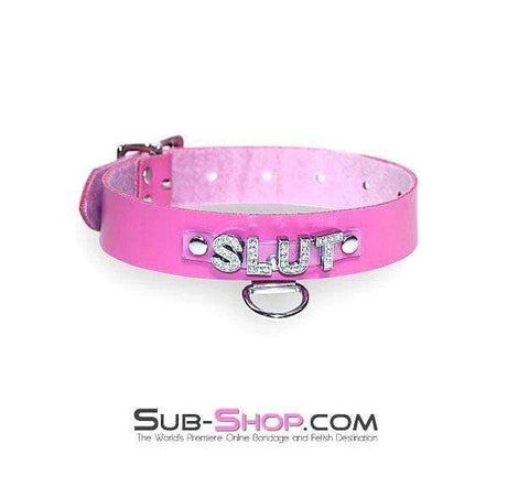 6847A-SIS      Hot Pink Sissy SLUT Rhinestone Leather Collar Sissy   , Sub-Shop.com Bondage and Fetish Superstore