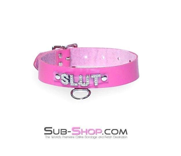6847A      Hot Pink SLUT Rhinestone Leather Collar Collar   , Sub-Shop.com Bondage and Fetish Superstore