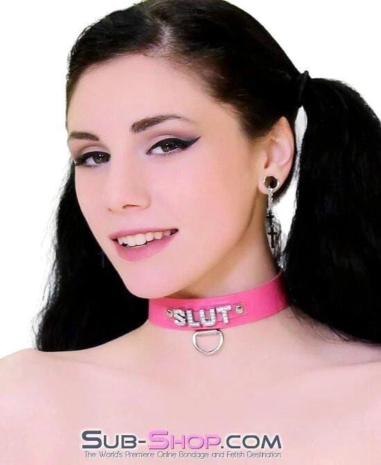 6847A      Hot Pink SLUT Rhinestone Leather Collar Collar   , Sub-Shop.com Bondage and Fetish Superstore