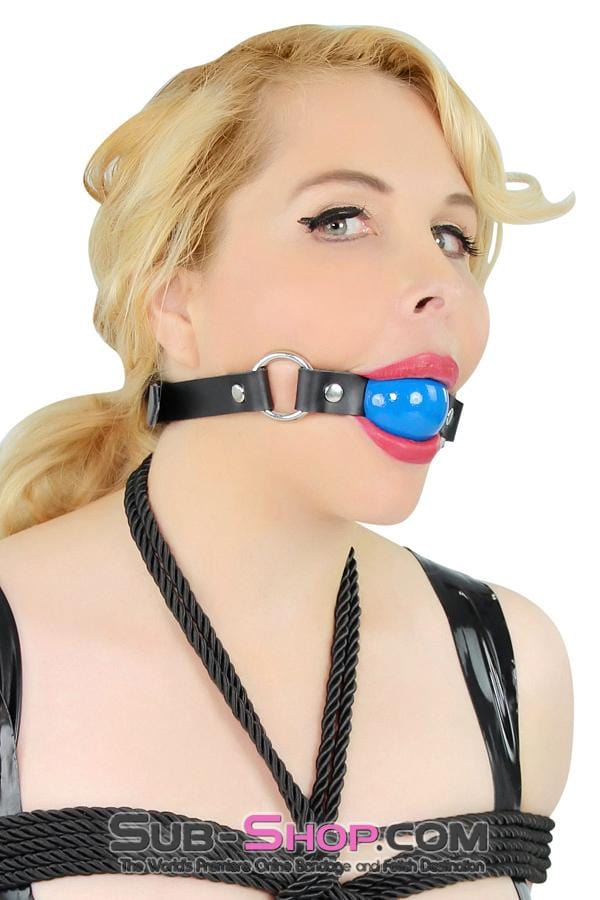 6910A      Rings of Submission, Royal Blue Ball, Black Leather Strap Ballgag Ballgag   , Sub-Shop.com Bondage and Fetish Superstore