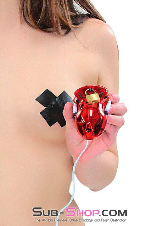 6935AR      Electro Sex Locking Red Cock Cage Chastity - MEGA Deal! Black Friday Blowout   , Sub-Shop.com Bondage and Fetish Superstore