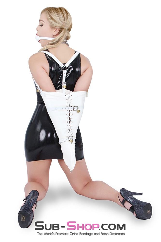 6937M      Locked in Innocence Tight White Lacing Armbinder with Locking Straps - MEGA Deal MEGA Deal   , Sub-Shop.com Bondage and Fetish Superstore