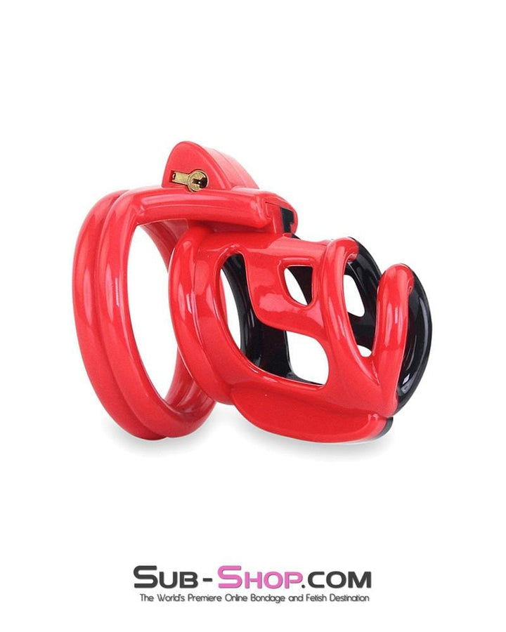 6967AE-SIS      Sissy Teasing Domme High Security Red and Black Locking Male Chastity Sensation Device Sissy   , Sub-Shop.com Bondage and Fetish Superstore