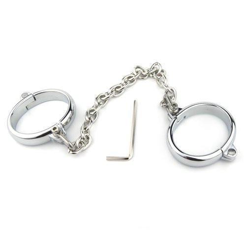 6990M       Contented Captive Chrome Steel Bracelet Cuffs with Chain Steel Bondage   , Sub-Shop.com Bondage and Fetish Superstore