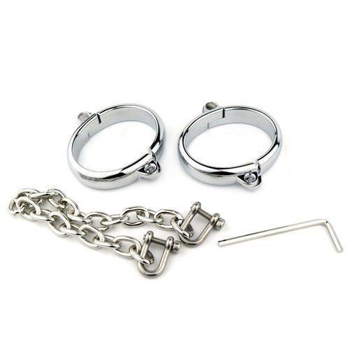 6990M       Contented Captive Chrome Steel Bracelet Cuffs with Chain Steel Bondage   , Sub-Shop.com Bondage and Fetish Superstore