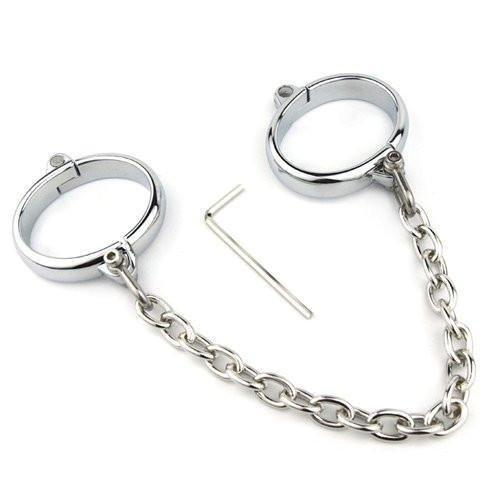 6990M       Contented Captive Chrome Steel Bracelet Cuffs with Chain Steel Bondage   , Sub-Shop.com Bondage and Fetish Superstore