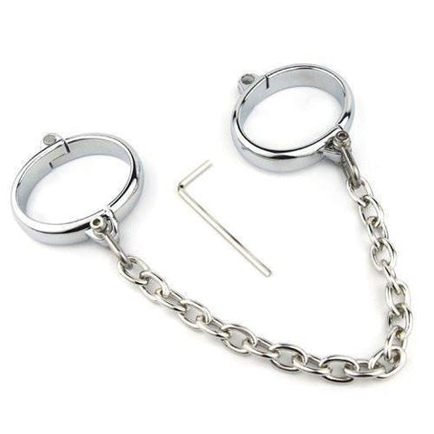6990M       Contented Captive Chrome Steel Bracelet Cuffs with Chain Steel Bondage   , Sub-Shop.com Bondage and Fetish Superstore