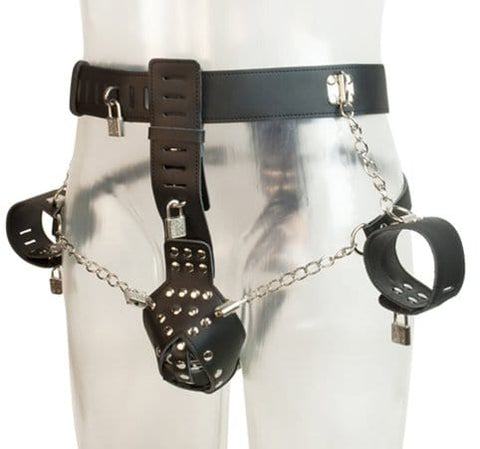 7215M      Locking Male Chastity Cage Belt with Chained Locking Wrist Cuffs Chastity   , Sub-Shop.com Bondage and Fetish Superstore