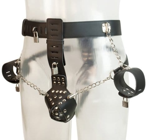 7215M-SIS      Locking Male Sissy Chastity Cage Belt with Chained Locking Wrist Cuffs Sissy   , Sub-Shop.com Bondage and Fetish Superstore