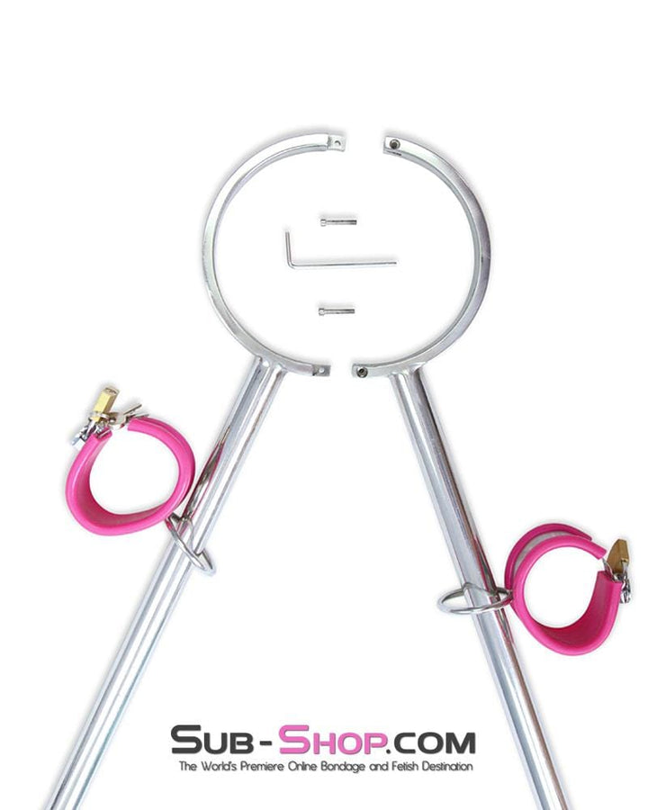 0739M      Iron Maiden Tripod Bondage Collar Rig with Pink Rubber Lined Steel Wrist and Ankle Cuffs Bondage Set   , Sub-Shop.com Bondage and Fetish Superstore