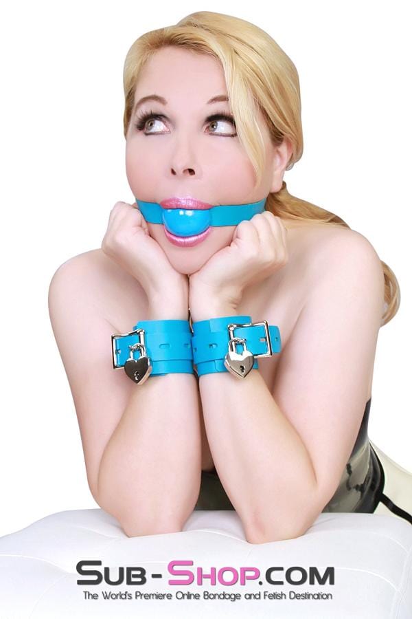 7853A      Candy Coated Locking Candy Blue Leather Wrist Bondage Cuffs Cuffs   , Sub-Shop.com Bondage and Fetish Superstore